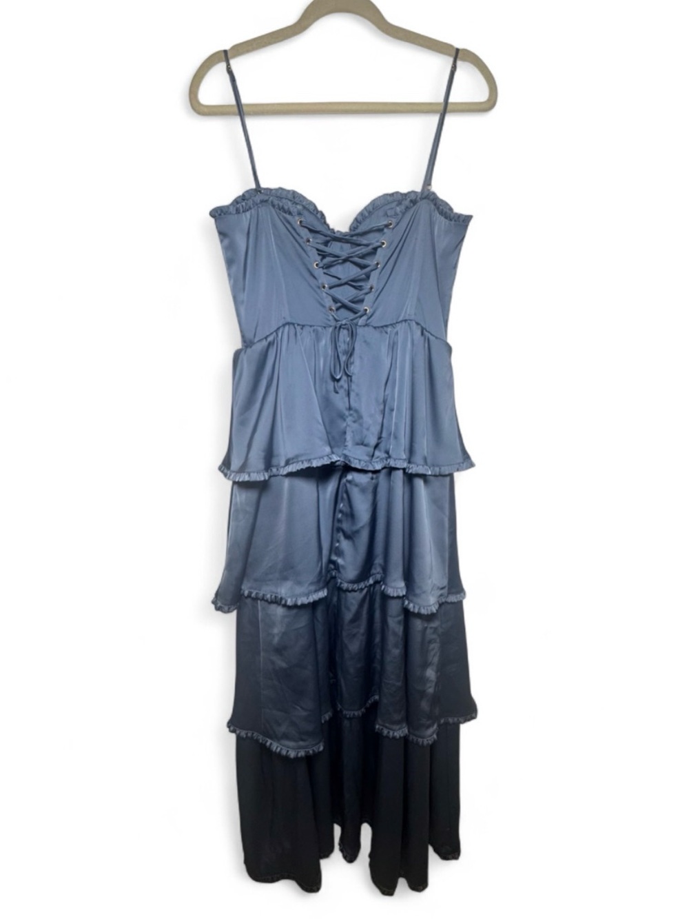 Altar'd State Stellni Satin Maxi Dress Tiered Ruffle Skirt Corset Bodice in Blue - Picture 14 of 16